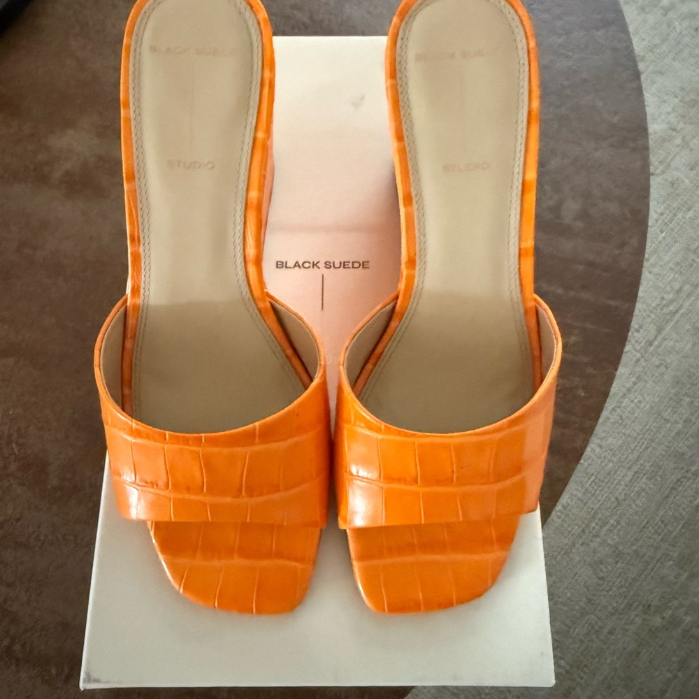 Black Suede Studio Chloe Orange Slide Sandal Wedge